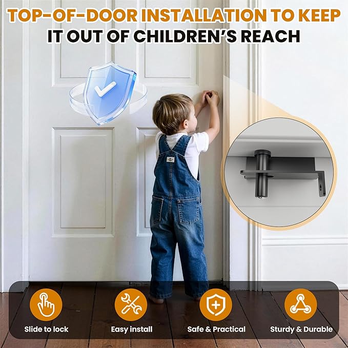 Child Safety Door Top Lock – Metal Child Safety Top Lock for Interior & Exterior Doors | Lock & Unlock from Both Sides | Adjustable Top Door Locks For Kids Safety Fits 0.16-3 Inch Thick Doors (1 Pack)