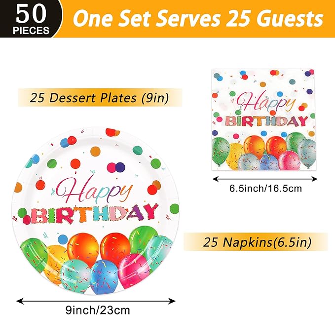 50 Pcs Happy Birthday Plates and Napkins, 9inch Colorful Dots Birthday Cake Dessert Plates, Disposable Paper Dinnerware Set for Birthdays Party Supplies Birthday Balloon, 25 Guests