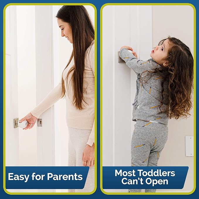 Child Safety Door Knob Cover (4 Pack) Hard-to-Remove Dual-Lock Door Handle Covers for Kids - Reusable Baby Proof Door Knob Locks - Installs Easily, No Tools Needed (White)