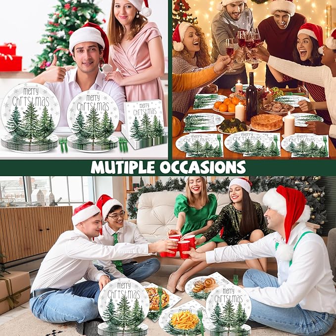 96Pcs Christmas Paper Plates and Napkins for Merry Christmas Watercolor Cedar Snowflake Party Supplies Xmas Pine Trees Party Tableware Set for 24 Guests Holiday Winter Xmas Party Decorations
