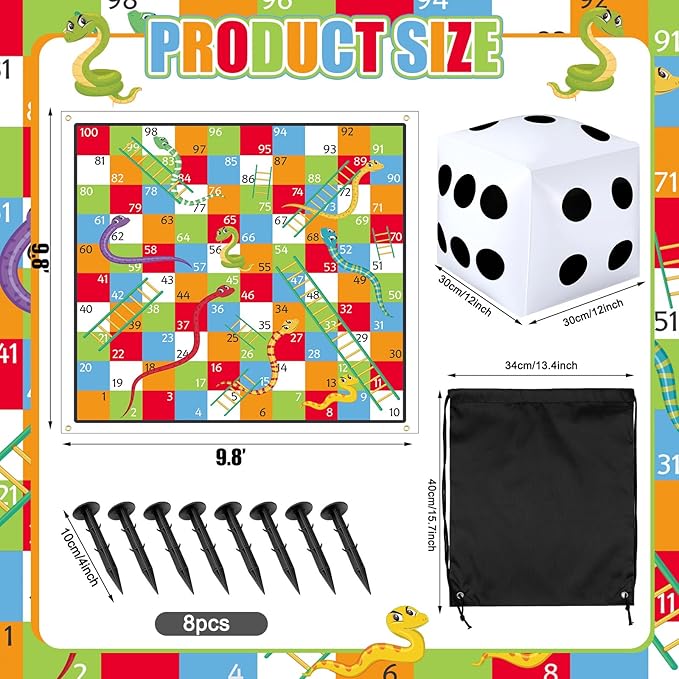 Realspring 9.8 ft Giant Snakes and Ladders Game Playing Mat with 6 Nails 14 Inch Inflatable Dice and Storage Bag Floor Snake and Ladder Board Game Big Size for Both Indoor and Outside