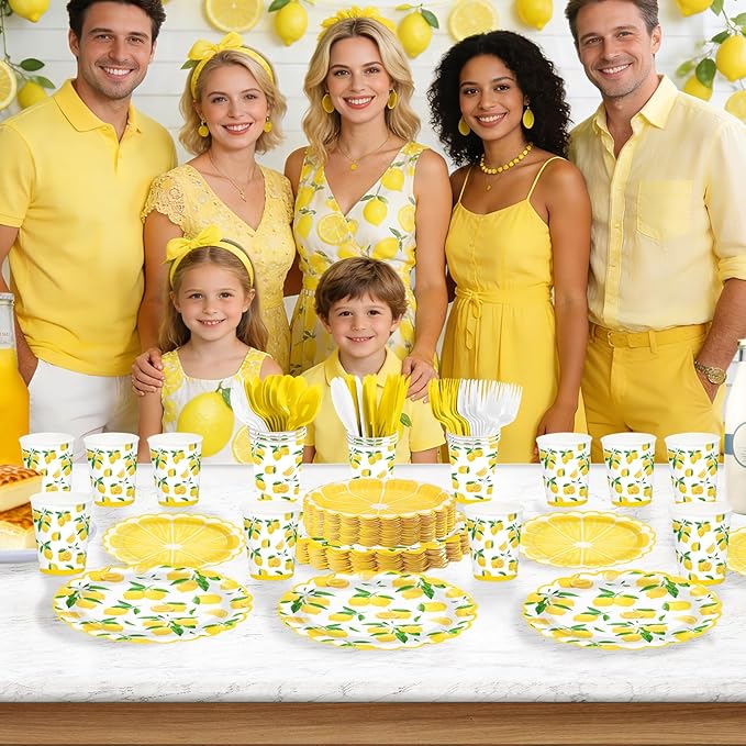 168 Pcs Lemon Party Decorations Yellow Lemons Scalloped Plates Napkins Cups Forks Knives Spoons Summer Lemon Fruit Theme Tableware Set for Spring Birthday Bridal Baby Shower Party Supplies Serves 24