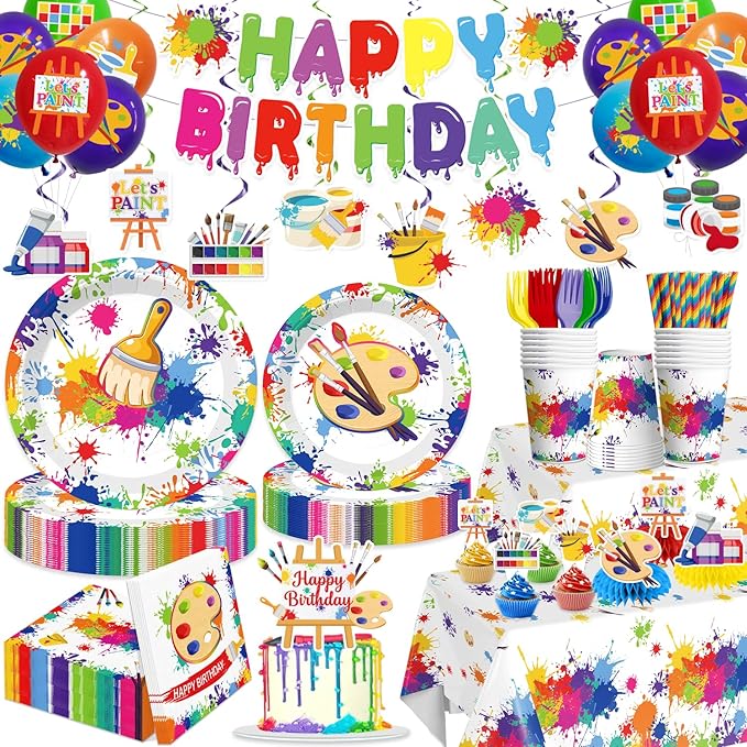 200pcs Paint Party Decorations for Kids and Art Lovers, Convenient Disposable Paper Tableware Set Includes 300gsm Plates and 2 PE Plastic Tablecloths for Paint Party and Celebration