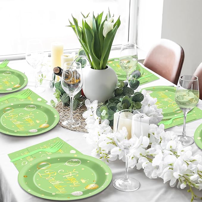 Qyeahkj 100 Pcs Sage Green Birthday Party Supplies Olive Green Gold Paper Plates Napkins Forks Tableware Set Disposable Greenery Happy Birthday Party Decorations for Women Men Girls Favors Serve 25