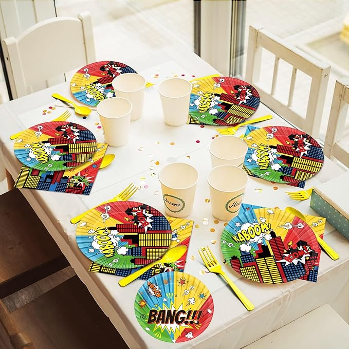 gisgfim 96 Pcs Super Theme Hero Party Plates and Napkins Party Supplies Hero Themed Party Tableware Set Hero Action Disposable Decorations Favors for Birthday Baby Shower for 24 Guests