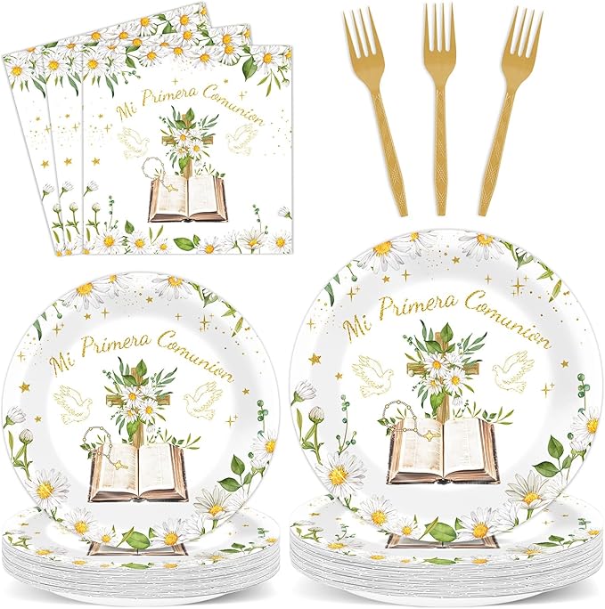 96Pcs Mi Primera Comunion Decorations White and Gold Baptism Plates and Napkins Comunion Party Supplies God Bless Plate First Communion Tableware Set for Mi Bautizo 24 Guest Party Decoration