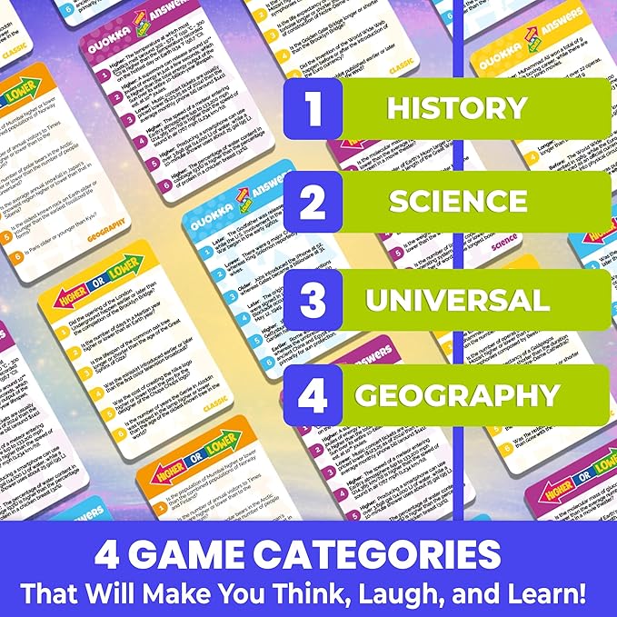 QUOKKA Trivia Board Games for Kids and Adults – 4xSET Family Board Games for Game Night – Higher or Lower Trivia Cards for Kids 8-12 - Challenge History, Science, Geography & More for Families & Teens