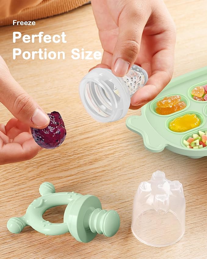 Silicone Baby Fruit Feeder with Freezer Nibble Tray Combo, Baby Teethers, Breastmilk Popsicle Molds for Teething Relief, BPA Free Fresh Food Feeder for Safe Infant Self Feeding (Sage Green)