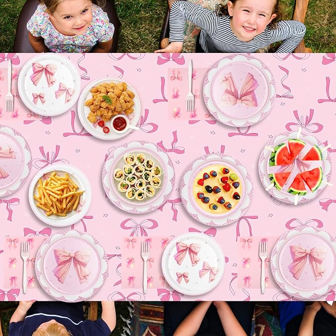 Pink Bow Party Plates and Napkins Supplies - 25 Disposable Plates, 25 Dessert Plates, 25 Napkins, 25 Forks & 1 Tablecloth for Birthday, Baby Shower, Bridal Shower