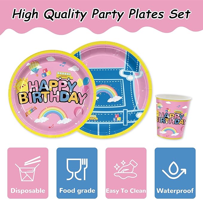 168PCS Cartoon Teacher Party Supplies for Girls Boys Kids Happy Birthday Party Decorations Dinnerware Set Paper Plates Napkin Cups Forks Knives Straw Tableware for 24 Guests