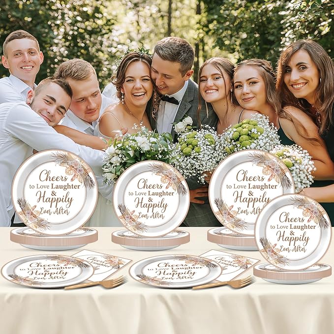 96Pcs Boho Bridal Shower Party Plates and Napkins for Bride Wedding Supplies Happily Ever After Themed Paper Dessert Plates Cheers to Love Tableware Set for 24 Guests Engagement Decorations