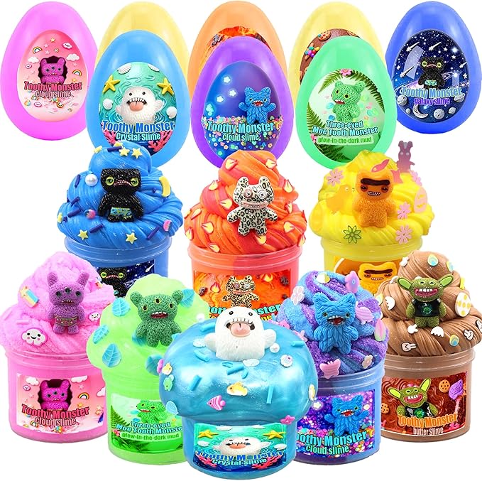 8-Pack Easter Eggs Slime Kit for Kids - Toothy Monster Themed Slime with Resin Charms & Mini Accessories, Easter Basket Stuffers, Party Favors, Birthday Gifts & Classroom