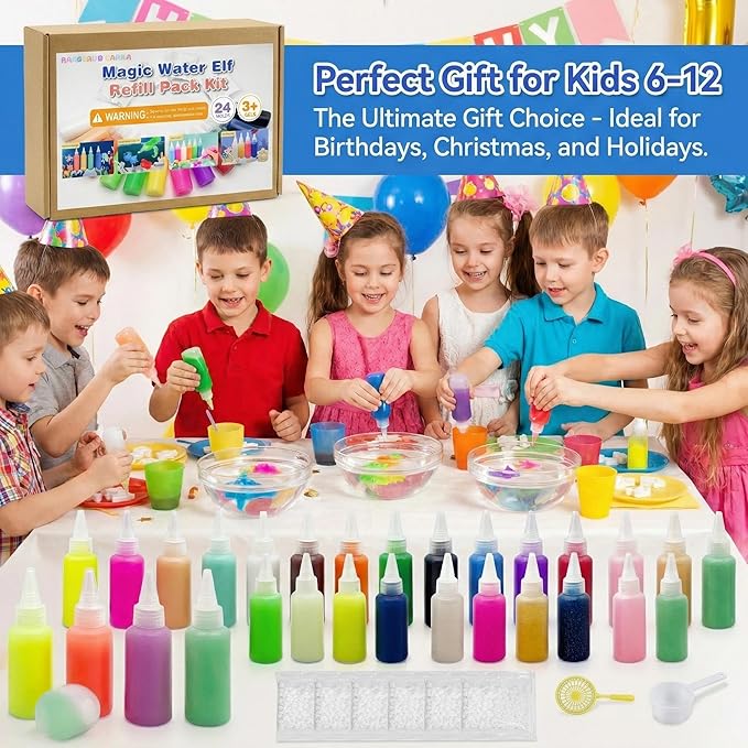 Magic Water Elf Toy Kit Refill & DIY Slime Squishy Making Kit for Kids,STEM Arts & Crafts Family Activity,Indoor Rainy Day & Holiday Fun(24 Bottles:12 Colors)
