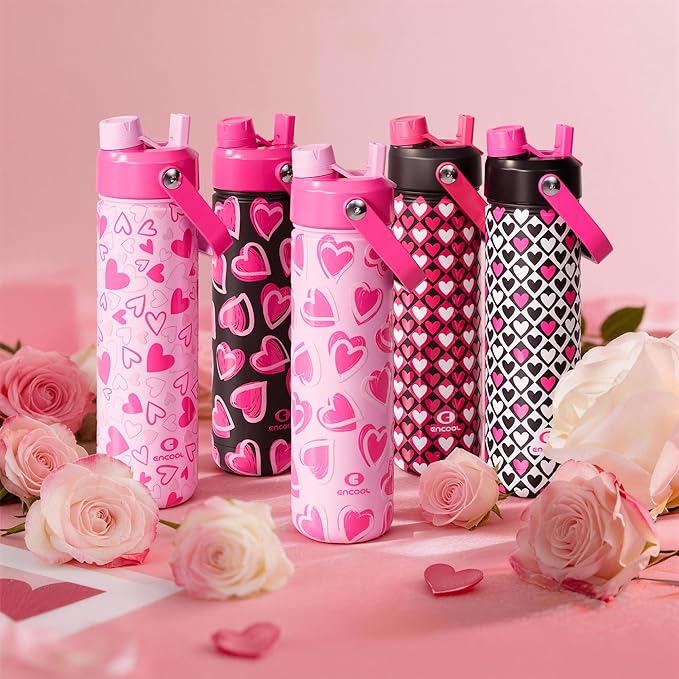 ENCOOL Valentine's Day Insulated Water Bottle with Straw Stainless Steel Water Bottle, Leak-Proof, BPA-Free, Keeps Cold for 24 Hours for Sports, Travel, School (26 oz, Sketch Hearts Violet x Mint)
