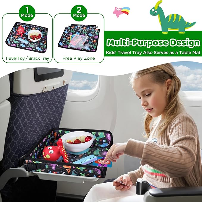 Airplane Kids Travel Tray for Toddler Car Seat - Toddler Tray for Plane or Train - Travel Essential Must-Haves and Flying Supplies - Dinosaur