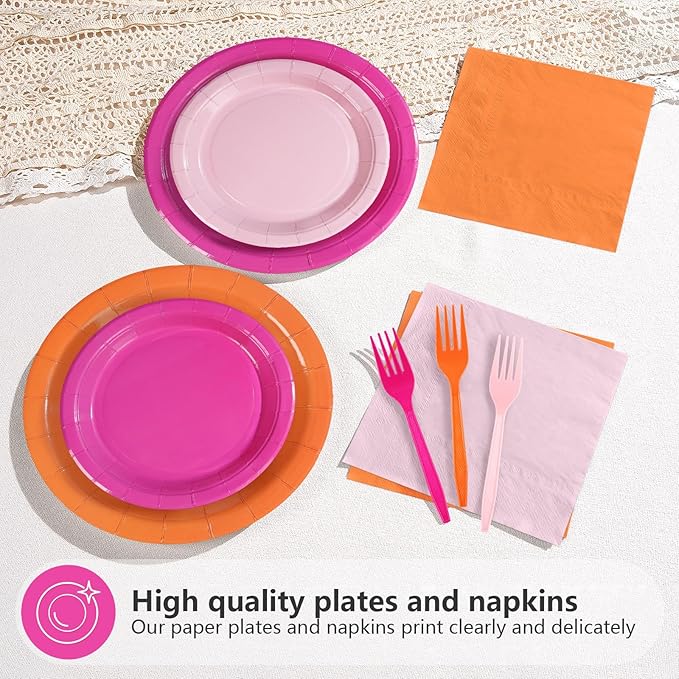 Grencian Pink and Orange Party Decorations Supplies 96Pcs Solid Color Paper Plates and Napkins Neon Disposable Hot Pink Orange Tableware for Sunset Birthday Party Graduation Decorations 2026 Serve 24