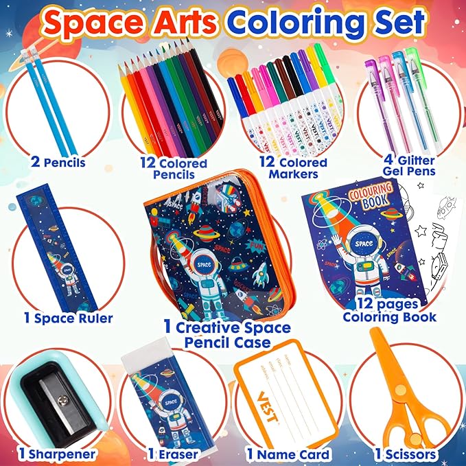 Washable Markers Set with Glitter Pencil Case, Art Supplies for Kids Ages 4-6-8, Arts Crafts Travel Coloring Kit for Boys 4 5 6 7 8 Year Old Birthday Gifts