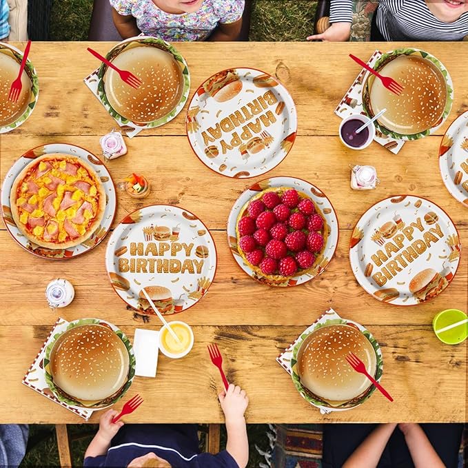 Grencian 96Pcs BBQ Birthday Party Decoration Fast Food Hamburger Plates and Napkins Disposable Barbecue Supplies Picnic Tableware for Food Themed Birthday Party Decorations Serves 24