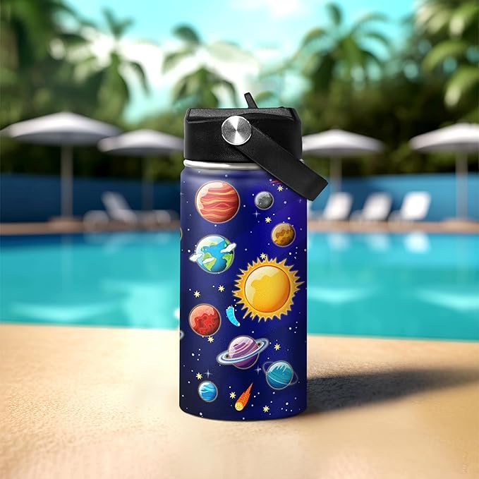Kids Water Bottle Solar System Water Bottles 12oz with Straw Insulated Stainless Steel Travel School Tumbler Double Wall Vacuum Cup for Girls Kid Boys