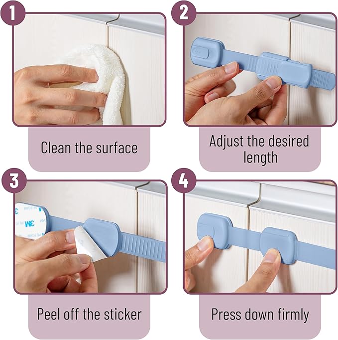 Bates- Child Safety Strap Locks, 8 Pack, Baby Blue, Child Locks for Cabinets and Drawers