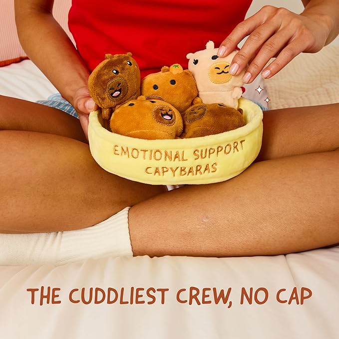 Emotional Support Capybaras by Relatable, Cuddly Stuffed Animals and Plushies Set, Small Gifts for Mom, Includes 5 Capybaras Plush Toys with Carrying Basket