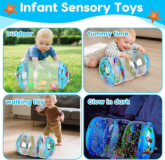 Crawling & Walking Baby Toys 6-12 Months Glowing Jumbo Inflatable Rolling Infant Toy 6 7 8 9 10 12-18 Month Old Tummy Time Sensory Development Light Up Toys for 1 2 Year Old Boy Girl Birthday Gifts