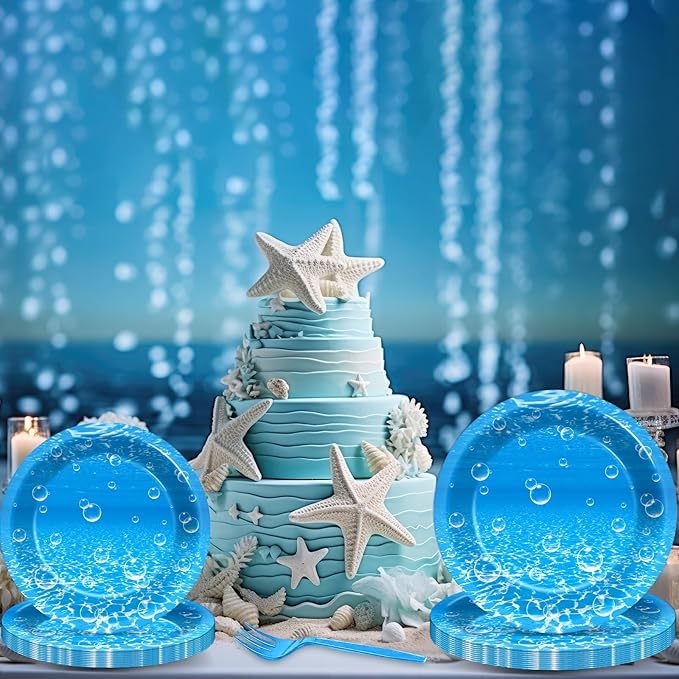 96Pcs Ocean Theme Party Plates and Napkins for Under the Sea Bubbles Birthday Party Supplies Underwater Paper Dessert Cake Plates Ocean Tableware Set for Kids Boys 24 Guests Birthday Party Decorations