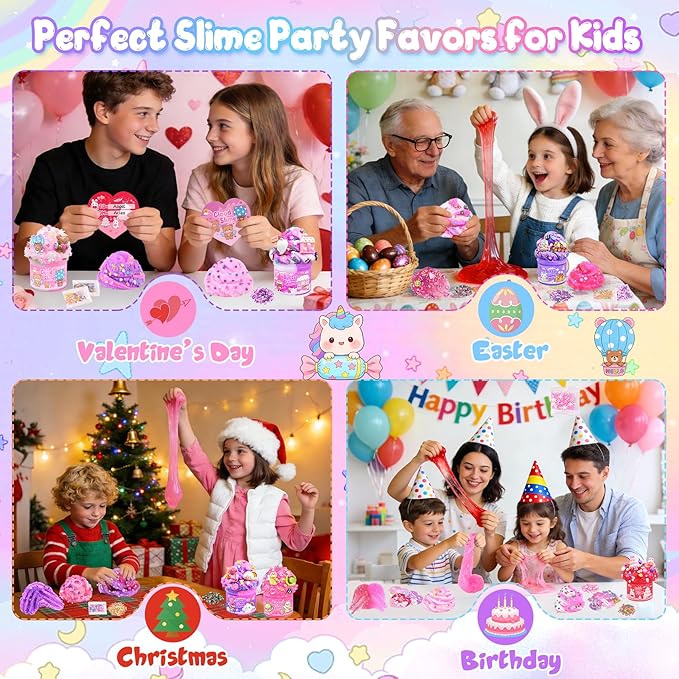 LAWOHO 6 Pack Pink Slimes, Clear Butter Cloud Slime Kit for Girls Ages 8-12, Non-Stick Kids Slime Party Favors Toys with Cute Add-Ins, Birthday Goodie Bag Stuffers Easter Valentines Day Gifts for Kids