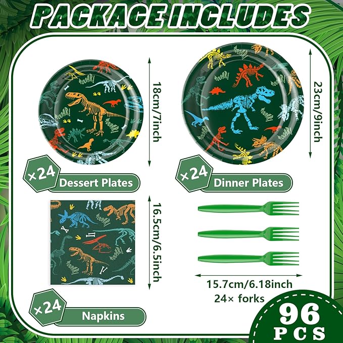 Dinosaur Birthday Party Supplies for Kids 96 Piece Dino Theme Tableware Set Includes Disposable Paper Plates, Napkins and Forks Dinosaur Decorations for Boys Birthday Party, Serves 24 Guests