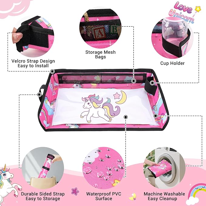COOLBEBE Airplane Tray Table Cover Foldable Travel Tray Cover for Toddlers 1-3 Universal Fit for Airplane, Car Seat, High Chair Machine Washable, Portable Pink Unicorn