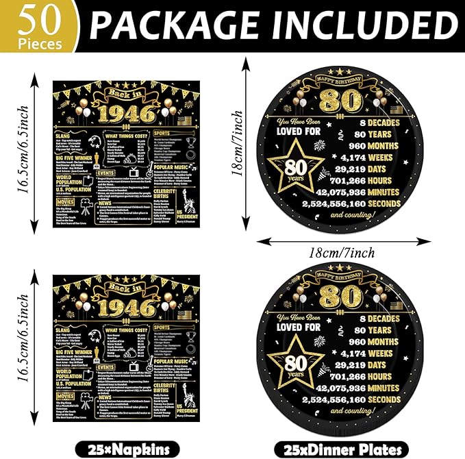 50 Pcs Black Gold 80th Birthday Party Paper Plates and Napkins Back in 1946 Dessert Cake Plates Black Gold 80 Year Old Theme Decorations 1946 Tableware Set Serves 25 Guest 80th Birthday Party Supplies