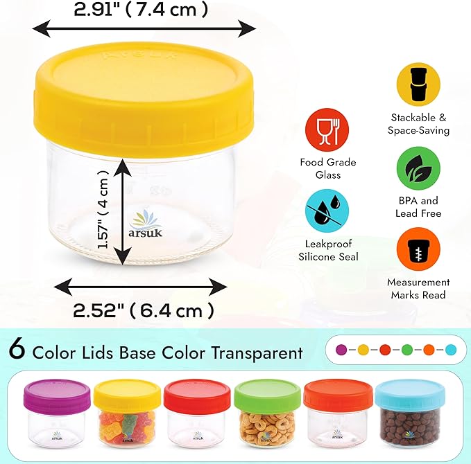ARSUK 4 oz Glass Food Storage Containers with Screw Lids (12 Pack) - Small Glass Jars for Sauces, Spices, and Meal Prep - Reusable, Dishwasher, Microwave, Fridge, and Freezer Safe