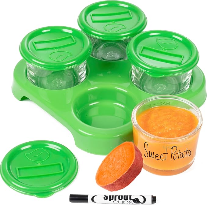 Glass Baby Food Storage Containers (4 Pk) - 2oz Jars in Stackable Storage Tray w Tight Interlocking Base- Dry-Erase Marker Labeling- Microwave Freezer Dishwasher Safe- Babyfood Breast Milk, Gift