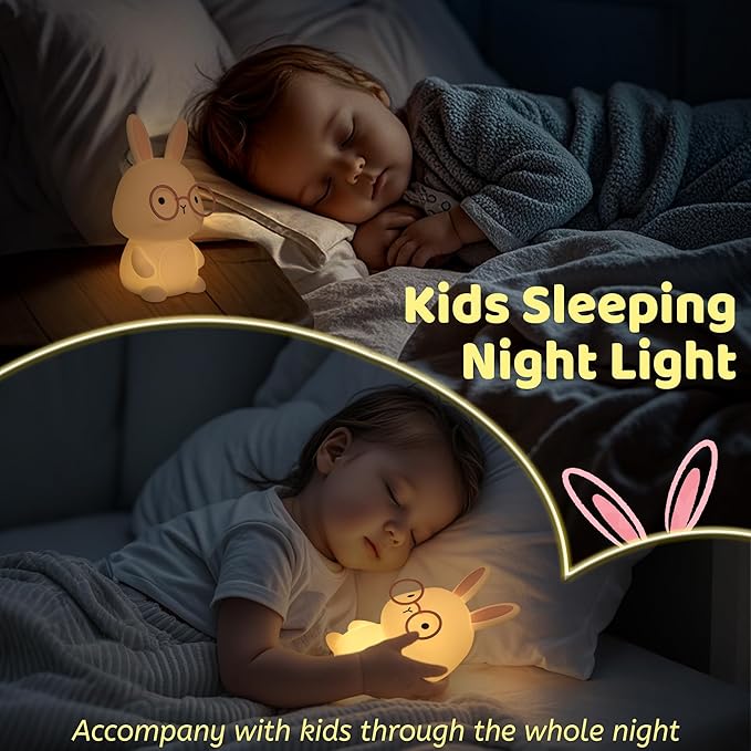 YuanDian Bunny Night Light with 8 Color Lights, Gift for Adults Teens and Babies, Decorate Kids' Bedroom with Cute Silicone Rabbit Nightlights, Animal Lamp Gift for Children and Toddlers