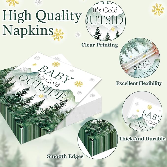 96Pcs Baby It's Cold Outside Plates and Napkins for Winter Baby Shower Party Supplies Forest Wonderland Dessert Disposable Plates Snowflake Tableware Set for 24 Guests Birthday Party Decorations