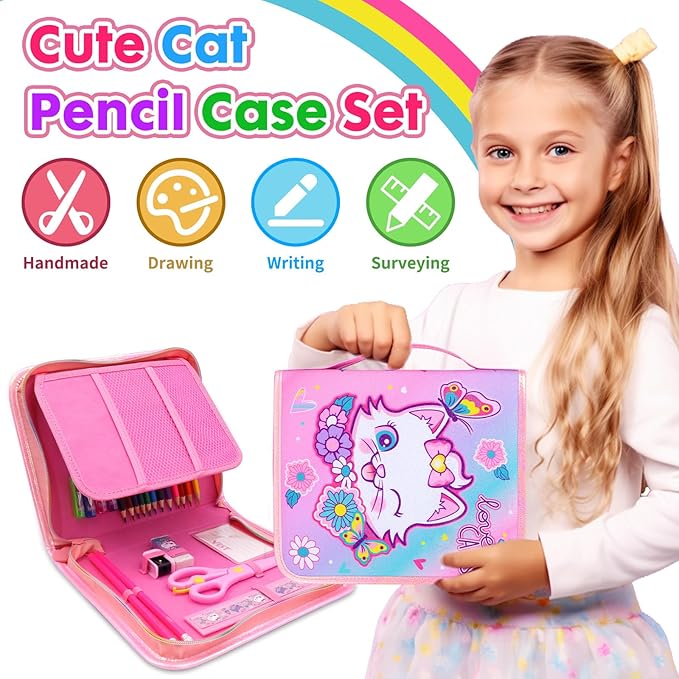 Washable Markers Set with Glitter Pencil Case, Art Supplies for Kids Ages 4-6-8, Arts Crafts Travel Coloring Kit for Girls 4 5 6 7 8 Year Old Birthday Gifts