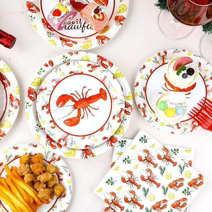 Qyeahkj 100 Pcs Crawfish Boil Party Plates and Napkins Set Crawfish Party Decorations Supplies Lobster Seafood Shrimp Boil Tableware Crawfish Crab Party Favors for Birthday Baby Shower Serve 25