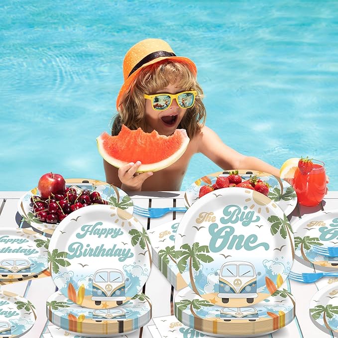 200pcs Summer Beach The Big One Party Plates Napkins Boy Surfing First Birthday Tableware Set Hawaiian Palm Tree Cake Dessert Disposable Dinnerware Retro Wave Decor for Baby Shower Supplies Serves 50