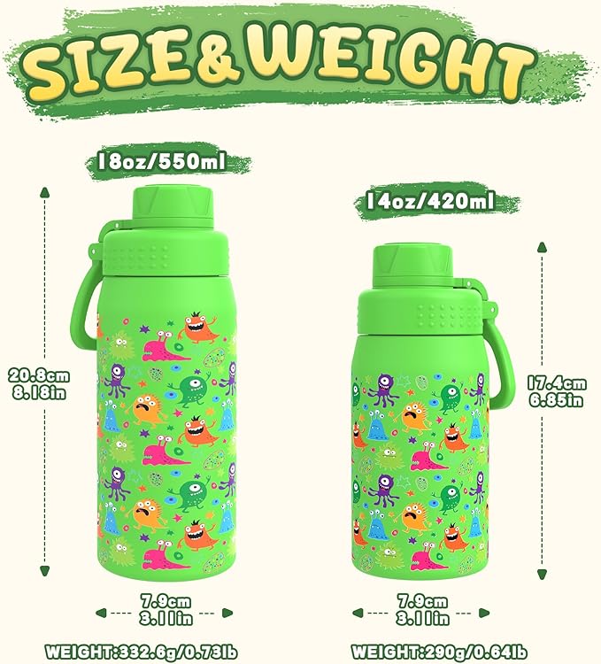 GOPPUS 15oz Kids Water Bottle with Spout Lid, Toddler Water Bottle, Stainless Steel Insulated Water Bottle, Leakproof, BPA Free, Suitable for Boys and Girls for School（Monsters）