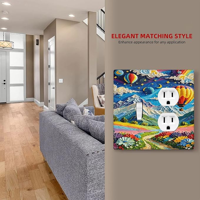 Hot Air Balloons Floral Vibrant Colors Flowers Mountains Stars Moon Wallplates 1 Toggle 1 Duplex Electrical Gfci Faceplate Decorative Light Switch Covers Switch Plate for Bedroom Kids Room Decor