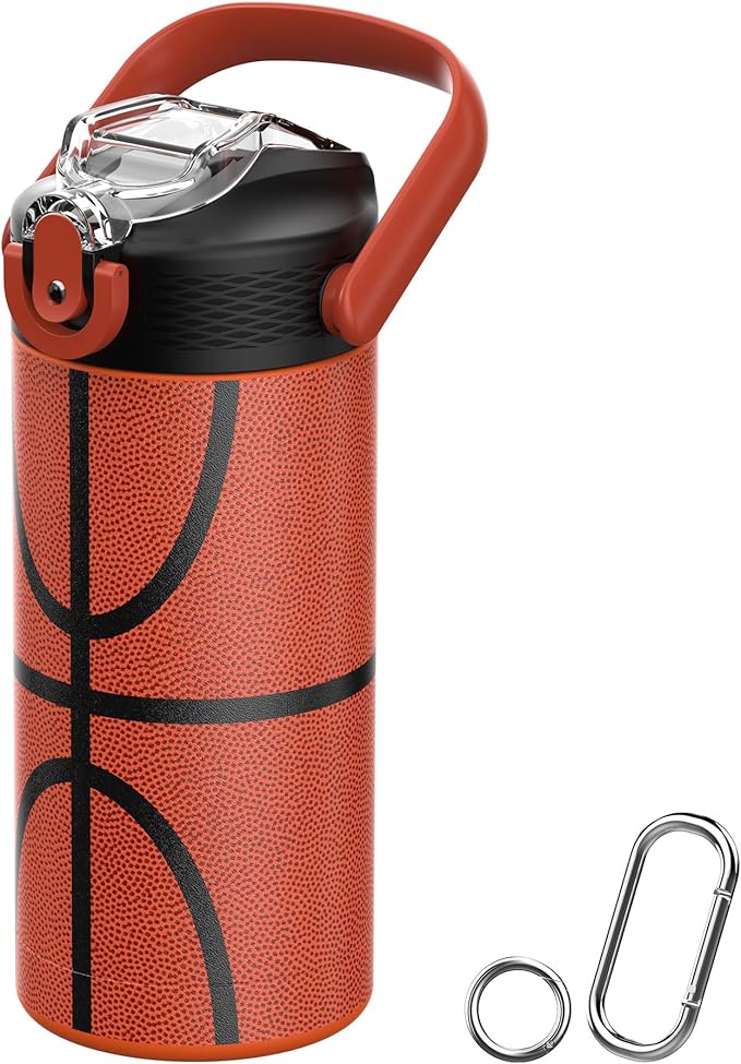 MYFOREST 14oz/400ml Insulated Kids Water Bottle, Odor-Free Surgical Grade Liner, Dishwasher-Safe, Name Spot, Soft Sipper, Gift for Sports Fan (Basketball)