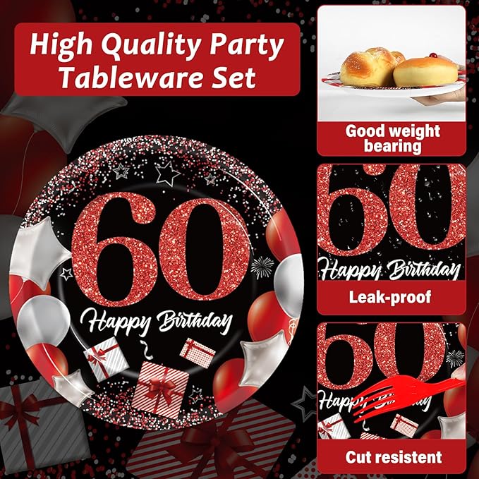 gisgfim 96 Pcs 60th Birthday Plates and Napkins Party Supplies 60 Years Old Birthday Party Tableware Set Red Black Dinner Dessert Plates 60th Birthday Decorations Favors for Man Women for 24 Guests