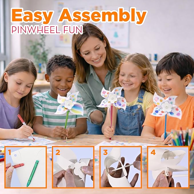 4E's Novelty DIY Pinwheels Craft for Kids (100 Pack) Color Your Own White Pinwheels, Bulk Summer Spring Craft Kit for Boys & Girls, Arts and Craft Party Activity, Easter Craft for Kids Bulk