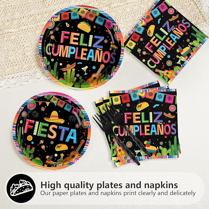 96Pcs Fiesta Birthday Party Decorations Mexican Feliz Cumpleaños Plates and Napkins Cinco De Mayo Party Decorations for Baby Shower Mexico Taco Carnival Birthday Party Supplies Serves 24