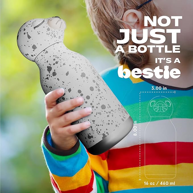 asobu Bestie Bottle Insulated Stainless Steel Water Bottle with Detachable Soft Animal Head Fun Drinking For Kids and Teens with Flexible Reusable Straw 16 Ounce (Seal White)