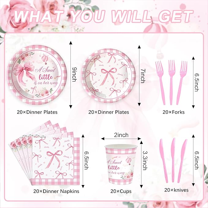 120 Pink Bow Baby Shower Decorations for Girl,Pink Bow Birthday Party Supplies Include Bow Plate,Napkin, Welcome Baby Girl Decorations for Coquette Bow Party Serves 20