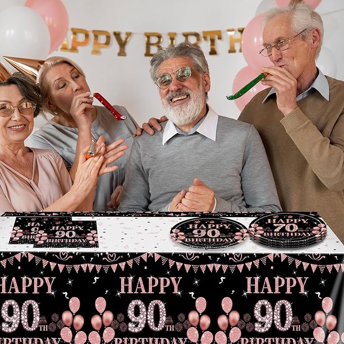 41Pcs 90th Birthday Decorations for Women, Vintage 90 Birthday Black and Rose Gold Disposable Paper Plates and Napkins Party Supplies for 20 Guests, 41Pcs Include 7" Plates Napkins and Tablecloth