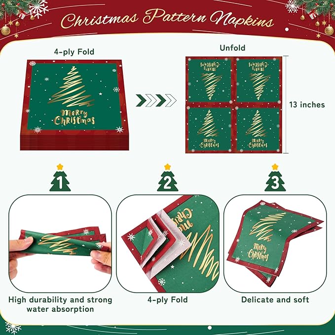 72PCS Christmas Plates and Napkins for Party Decorations, Set of 24 Merry Christmas Disposable Tableware Supplies, Green Red Themed Snowman Paper Plates for Xmas Party