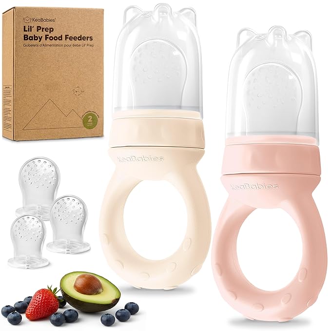 KeaBabies Baby Fruit Feeder 2pk - Silicone Baby Food Feeder for Babies 6-12 Months, Breast Milk Popsicle Teether, Weaning, Pacifier, Freeze Frozen Solid Food, Infant Feeding Essential (Mist Rose)
