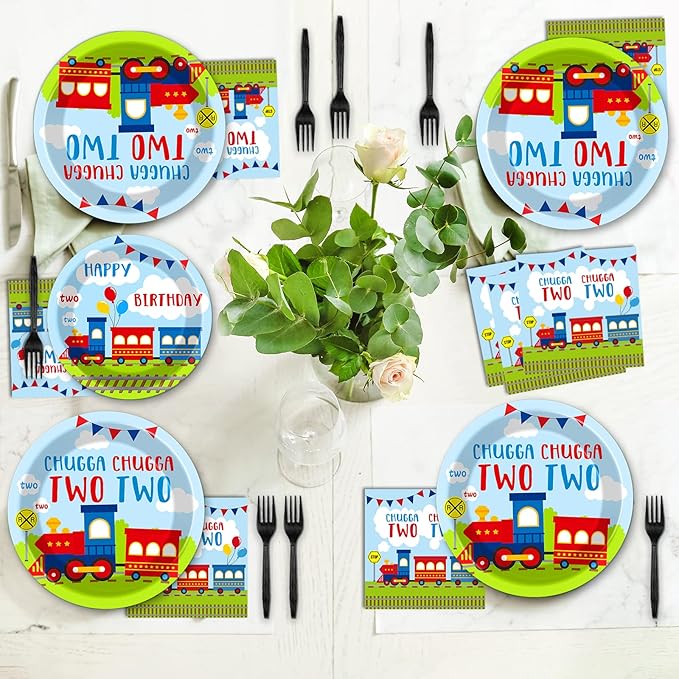 100 PCS Chugga Chugga Two Two Party Supplies Set Train Plates and Napkins 2nd Birthday Party Tableware Packs Decorations Transportation Disposable Paper Plates Napkins Forks For Kids Serve 25